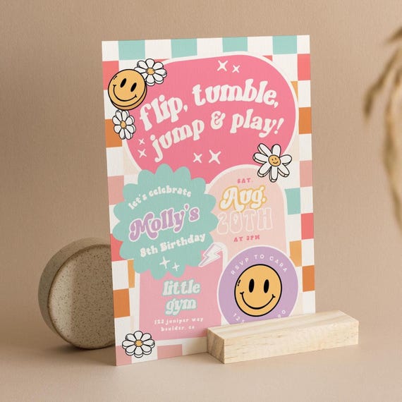 Gymnastics Birthday Invitation Template, ANY AGE, Daisy Birthday Invite, Retro Rainbow, Girl Birthday Gym Party, Girl Gymnasts67