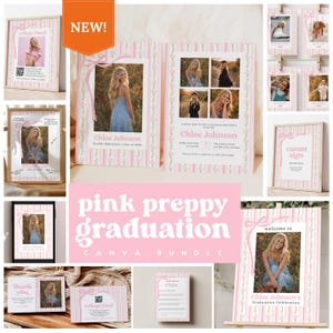 Graduation Bundle Template Canva, All In One Grad Party Package, Pink Preppy Bow Graduation Set Invitation Signs Inserts Photo Templates 102