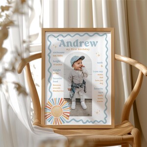 May include: A framed print with the text "Andrew my first birthday" and a photo of a baby. The print includes the baby's height (18 inches) and weight (20 lbs), favorite foods, and favorite toys.