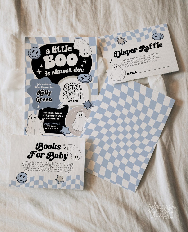 May include: A set of baby shower invitations and cards with a light blue and white checkered pattern. The invitations feature the text "a little BOO is almost due" and include details for the event.