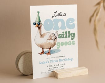 One Silly Goose Birthday Invitation, Boy 1st Birthday Invitation, Blue Goose 1st Birthday Invitation, Trendy First Birthday Evite Canva Luka