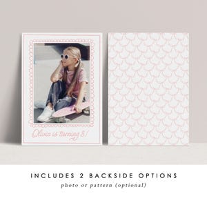 May include: A set of two invitation cards. The front card features a photo of a girl with sunglasses and a skateboard, framed in pink. The text "Olivia is turning 8!" is at the bottom. The back card has a pink scale pattern.