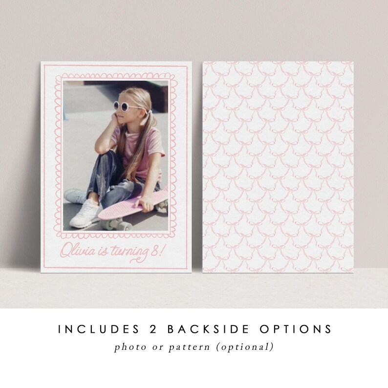 May include: A set of two invitation cards. The front card features a photo of a girl with sunglasses and a skateboard, framed in pink. The text "Olivia is turning 8!" is at the bottom. The back card has a pink scale pattern.
