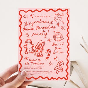 Hand gezeichneter Stil Lebkuchenhaus Dekoration Party Einladung Vorlage, Einladung zur Weihnachtsfeier, Lebkucheneinladung, bearbeitbare Canva
