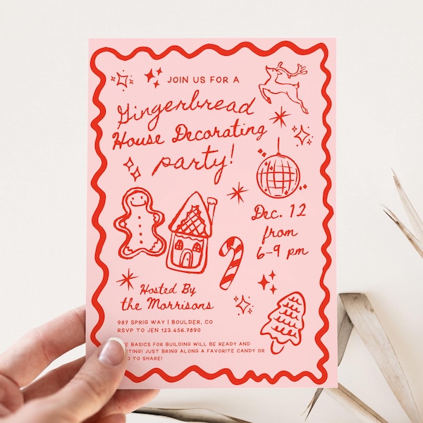Hand Drawn Style Gingerbread House Decorating Party Invitation Template, Christmas Party Invitation, Gingerbread Invitation, Editable Canva