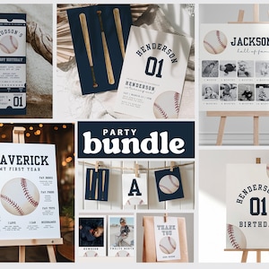 K&ouml;nnte beinhalten: Ein Party-Druckpaket zum Thema Baseball mit verschiedenen Designs, darunter Einladungen, Schilder und Dekorationen. Die Designs zeigen Baseballs, Schl&auml;ger und die Nummer "01" in einem marineblauen und wei&szlig;en Farbschema.