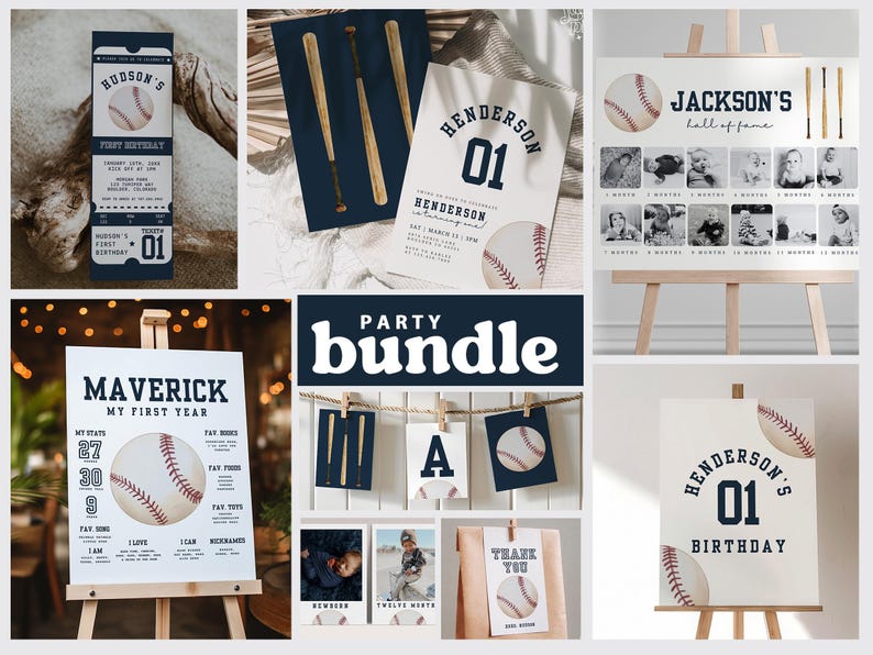 K&ouml;nnte beinhalten: Ein Party-Druckpaket zum Thema Baseball mit verschiedenen Designs, darunter Einladungen, Schilder und Dekorationen. Die Designs zeigen Baseballs, Schl&auml;ger und die Nummer "01" in einem marineblauen und wei&szlig;en Farbschema.