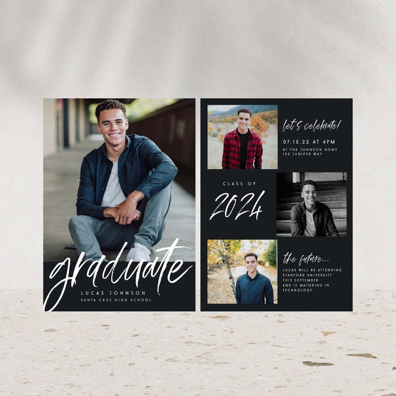 May include: A graduation announcement with a photo of a young man in a black shirt and jeans. The announcement says "graduate" in white script and includes the graduate's name, Lucas Johnson, and the school, Santa Cruz High School. The announcement also includes a photo collage of the graduate in different poses, along with the date and time of the graduation celebration and information about the graduate's future plans.