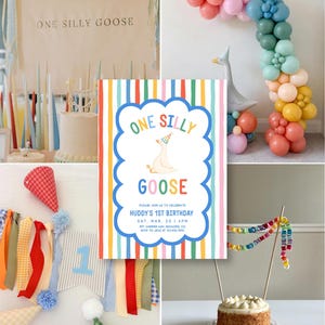 Puede incluir: Una tarjeta de invitaci&oacute;n de cumplea&ntilde;os con un centro blanco, un borde azul festoneado, una oca de dibujos animados con un gorro de fiesta y el texto ONE SILLY GOOSE. El fondo tiene rayas verticales en colores rojo, naranja, amarillo, verde y azul.