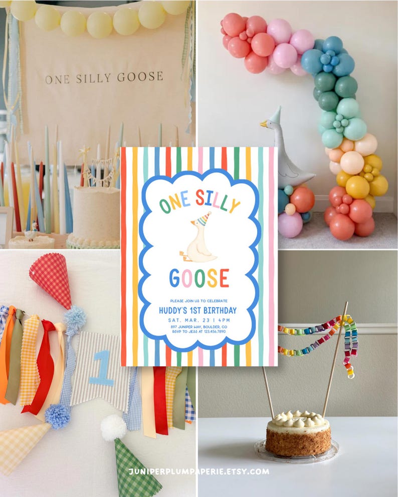 Puede incluir: Una tarjeta de invitaci&oacute;n de cumplea&ntilde;os con un centro blanco, un borde azul festoneado, una oca de dibujos animados con un gorro de fiesta y el texto ONE SILLY GOOSE. El fondo tiene rayas verticales en colores rojo, naranja, amarillo, verde y azul.