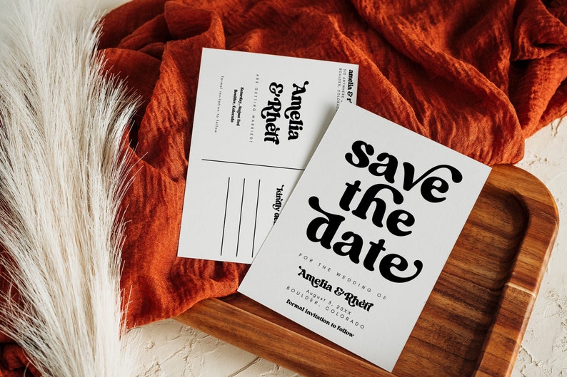 Retro Save The Date Template, Editable Save the Date Postcard, Modern Groovy Retro Save the Date Canva Template 707 image 1