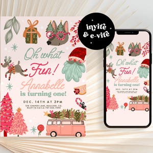 Boho Christmas GIRL Birthday Invite Template, Pink Santa Birthday Party Invitation, Girl 1st Birthday invite, Christmas Birthday Party Evite