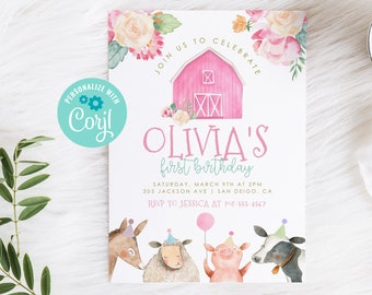 Editable Farm Birthday Invitation Girl Farm Animals Pink Floral Barnyard Party Download Printable Invitation Template Digital 55