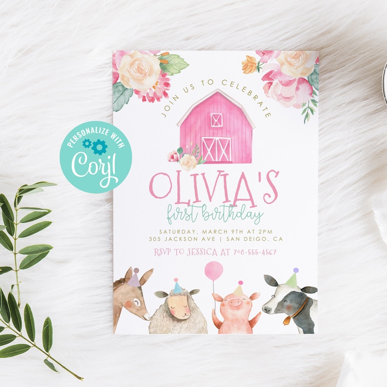 Editable Farm Birthday Invitation Girl Farm Animals Pink Floral Barnyard Party Download Printable Invitation Template Digital 55 image 1
