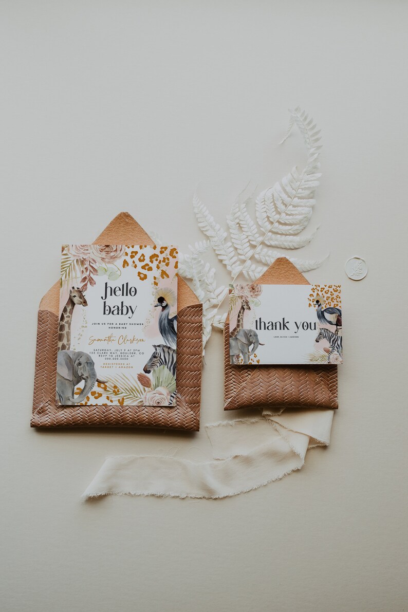 Boho Safari-Babyparty-Einladungsset, bearbeitbare Dschungeltier-Babyparty-Einladungsvorlage, Mädchen-Baby-Dusche-Paket, Sofort-Download, 181 Bild 3