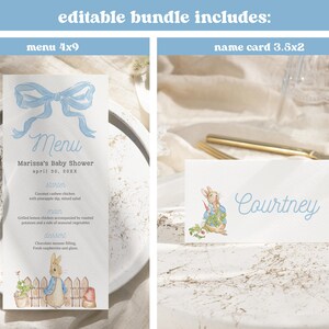 May include: A printable menu and name card set for a baby shower. The menu features a blue bow and a rabbit illustration. The name card features a rabbit illustration and the text "Courtney".