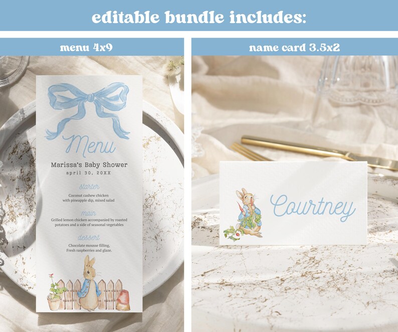 May include: A printable menu and name card set for a baby shower. The menu features a blue bow and a rabbit illustration. The name card features a rabbit illustration and the text "Courtney".