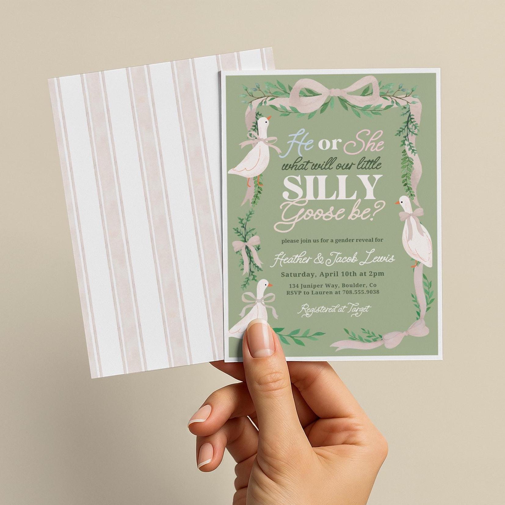 Silly Goose Gender Reveal Invitation – Editable Canva Template – He or She Party Invite – Printable Baby Shower – Green Rustic Goose Theme