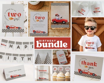 Editable Two fast Party Decorations Race Car Package Birthday Racing car Vintage Boy Bundle Party Package Template Instant Download Canva