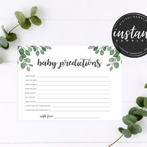Tarjeta de predicciones para bebés, Juego de baby shower con vegetación, Tarjetas imprimibles de predicciones para baby shower, Juego de baby shower, Eucalipto, AG-15
