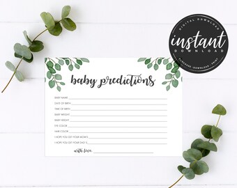 Baby Predictions Card, Greenery Baby Shower Game, Printable baby Shower Baby Predictions Cards, Baby Shower Game, Eucalyptus,  AG-15