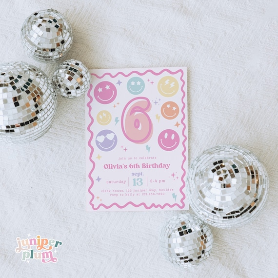 Editable Smile Face 6th Birthday Invitation, Smile Face Birthday, Tween Birthday Invite, Girl Sixth Birthday Retro Instant Download