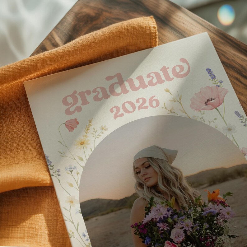Puede incluir: Una tarjeta de anuncio de graduaci&oacute;n con la palabra "graduate" en escritura rosa y el a&ntilde;o "2026". La tarjeta presenta una foto de una persona sosteniendo flores, con ilustraciones florales. La tarjeta est&aacute; sobre una superficie de madera con una tela amarilla.