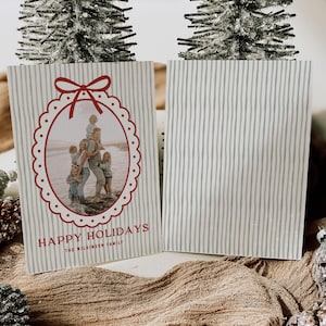 Scalloped Frame Holiday Photo Card Template | Christmas Bow Stripe Family Photo Card | Editable Canva Happy Holidays Template | Instant image 3