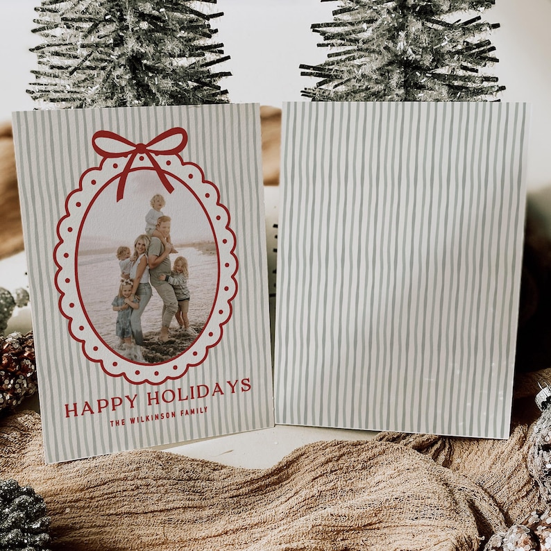 Scalloped Frame Holiday Photo Card Template | Christmas Bow Stripe Family Photo Card | Editable Canva Happy Holidays Template | Instant image 3