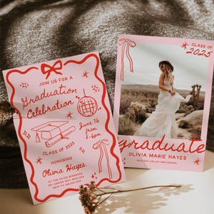 Pink Drawn Style Graduation Invitation Template, Senior Graduation Announcement, Graduation Party Template, Doodle Graduation Canva 707