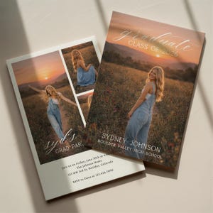 May include: Two graduation announcement cards featuring a young woman in denim overalls against a sunset backdrop. One card reads "graduate class of 2026" and the other says "syd's grad par." Additional text includes the graduate's name, school, and event details.