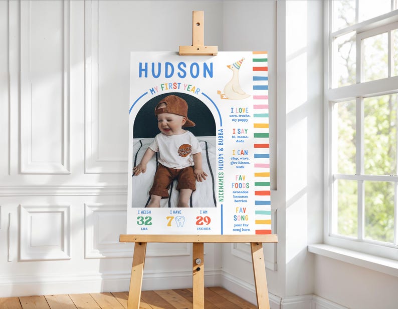 May include: A personalized first-year milestone poster on an easel. The poster features a photo of a baby wearing a baseball cap and a t-shirt. Text includes "HUDSON", "MY FIRST YEAR", and "I WEIGH 32 LBS, I HAVE 7 TEETH, I AM 29 INCHES".