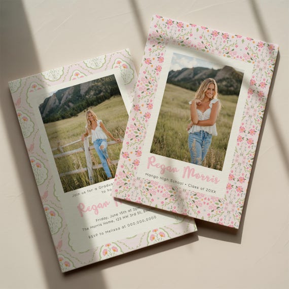 Pink Floral Graduation Invitation Template, Photo Grad Invite, Coquette Announcement (5x7) 127