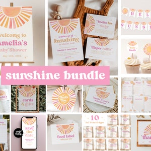 Bearbeitbares Sunshine Baby Shower Bundle Ein kleiner Sonnenstrahl Babyparty, Mädchen-Babyparty einladen, Canva-Vorlage, Pink Sunshine Baby