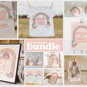 May include: A groovy one birthday party printable bundle featuring a rainbow, flowers, and the text "Groovy One". The bundle includes invitations, a welcome sign, a photo booth backdrop, water bottle labels, cupcake toppers, and more.