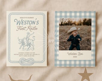 Könnte beinhalten: Eine Einladung zum Thema Rodeo in Hellblau und Creme. Die Einladung zeigt den Text "Weston's First Rodeo" und eine Illustration eines Cowboys, der einen Bullen reitet. Auf der rechten Seite befindet sich ein Foto eines Babys mit Cowboyhut.