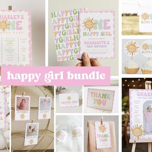 One Happy Girl Birthday Invite 1st Birthday Invitation Girl First Birthday Party Bundle, Sun Invitation Sunshine Editable Template Canva 242