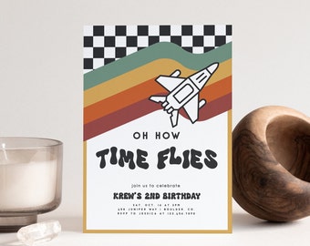 Modello di invito di compleanno a tema aereo retrò, invito a tema aereo moderno, invito a tema aereo, aviazione, modello modificabile, download immediato 2F