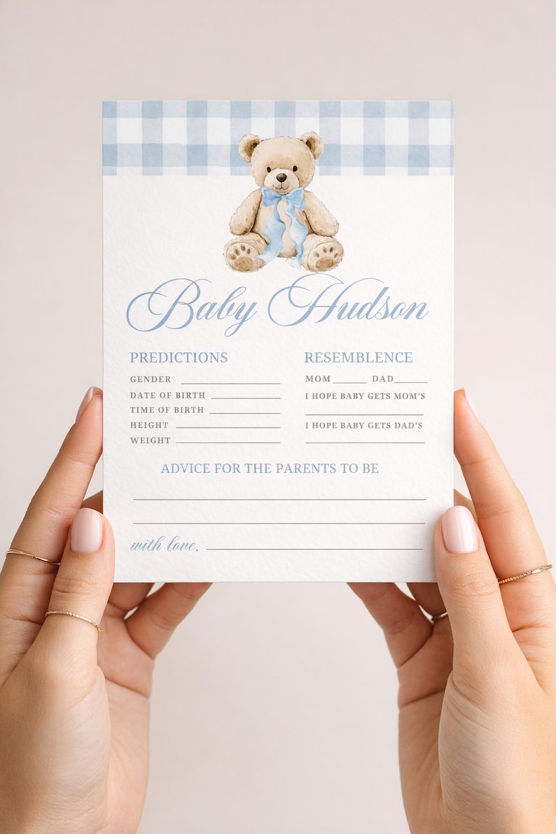 May include: A baby shower invitation card with a light blue gingham pattern at the top and a watercolor teddy bear illustration. The card includes fill-in-the-blank sections for predictions and advice, with the name "Baby Hudson" in elegant script.