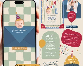 May include: A digital birthday invitation displayed on a smartphone screen featuring a baby in a party hat, a blue envelope graphic with the text you're invited, and a separate layout showing event details, a photo, and a cupcake RSVP button.