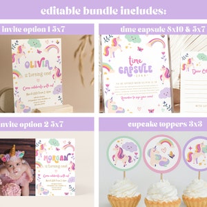 Puede incluir: Paquete imprimible editable para una fiesta de cumplea&ntilde;os de primer a&ntilde;o con tem&aacute;tica de unicornio. Incluye dos dise&ntilde;os de invitaciones, una c&aacute;psula del tiempo y adornos para cupcakes. Las invitaciones presentan un arco&iacute;ris, nubes y unicornios. La c&aacute;psula del tiempo es una hoja imprimible con un dise&ntilde;o de unicornio y el texto "C&aacute;psula del tiempo 2024". Los adornos para cupcakes son redondos y presentan un dise&ntilde;o de unicornio con un arco&iacute;ris, nubes y estrellas.
