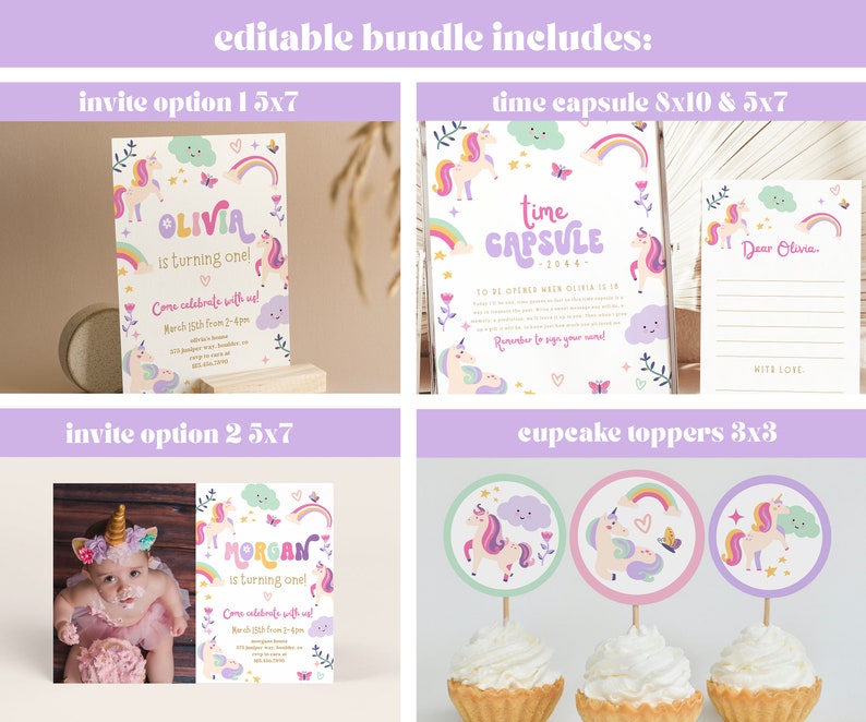 Puede incluir: Paquete imprimible editable para una fiesta de cumplea&ntilde;os de primer a&ntilde;o con tem&aacute;tica de unicornio. Incluye dos dise&ntilde;os de invitaciones, una c&aacute;psula del tiempo y adornos para cupcakes. Las invitaciones presentan un arco&iacute;ris, nubes y unicornios. La c&aacute;psula del tiempo es una hoja imprimible con un dise&ntilde;o de unicornio y el texto "C&aacute;psula del tiempo 2024". Los adornos para cupcakes son redondos y presentan un dise&ntilde;o de unicornio con un arco&iacute;ris, nubes y estrellas.
