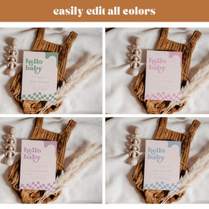 May include: Four rectangular baby shower invitation cards featuring the text hello baby in a wavy font, a checkerboard pattern at the bottom, and a fluid shape at the top. Each card displays a different color scheme: green, pink, purple, and blue.