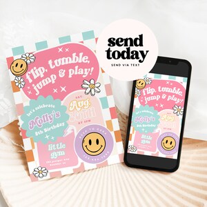 May include: A birthday party invitation with a retro design. The invitation features the text "flip, tumble, jump & play!" and "Molly's 8th Birthday." A smartphone displays the same invitation. The image also includes the text "send today."