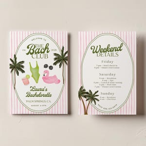 May include: Two-sided invitation for a bachelorette party. The front features the text "Welcome to The Bach Club" with illustrations of a swimsuit, flamingo, and cocktail. The back lists weekend details.