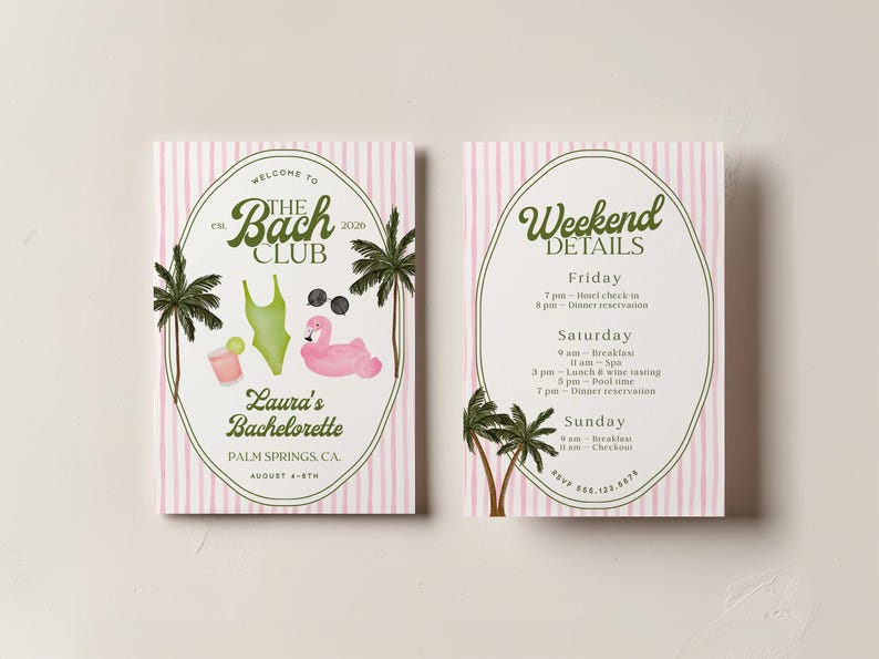 May include: Two-sided invitation for a bachelorette party. The front features the text "Welcome to The Bach Club" with illustrations of a swimsuit, flamingo, and cocktail. The back lists weekend details.