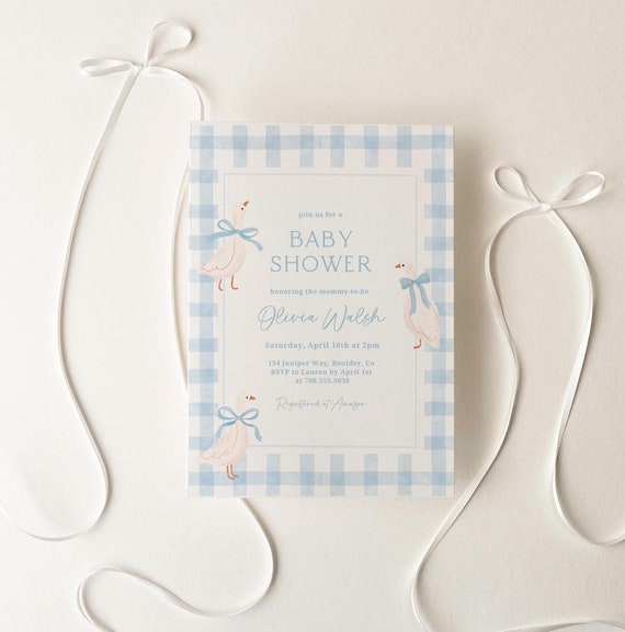 Goose Baby Shower Invitation, Classic Baby Shower Invite, Blue Boy Baby Shower, Blue Gingham Plaid Baby Boy Shower Editable Canva Template