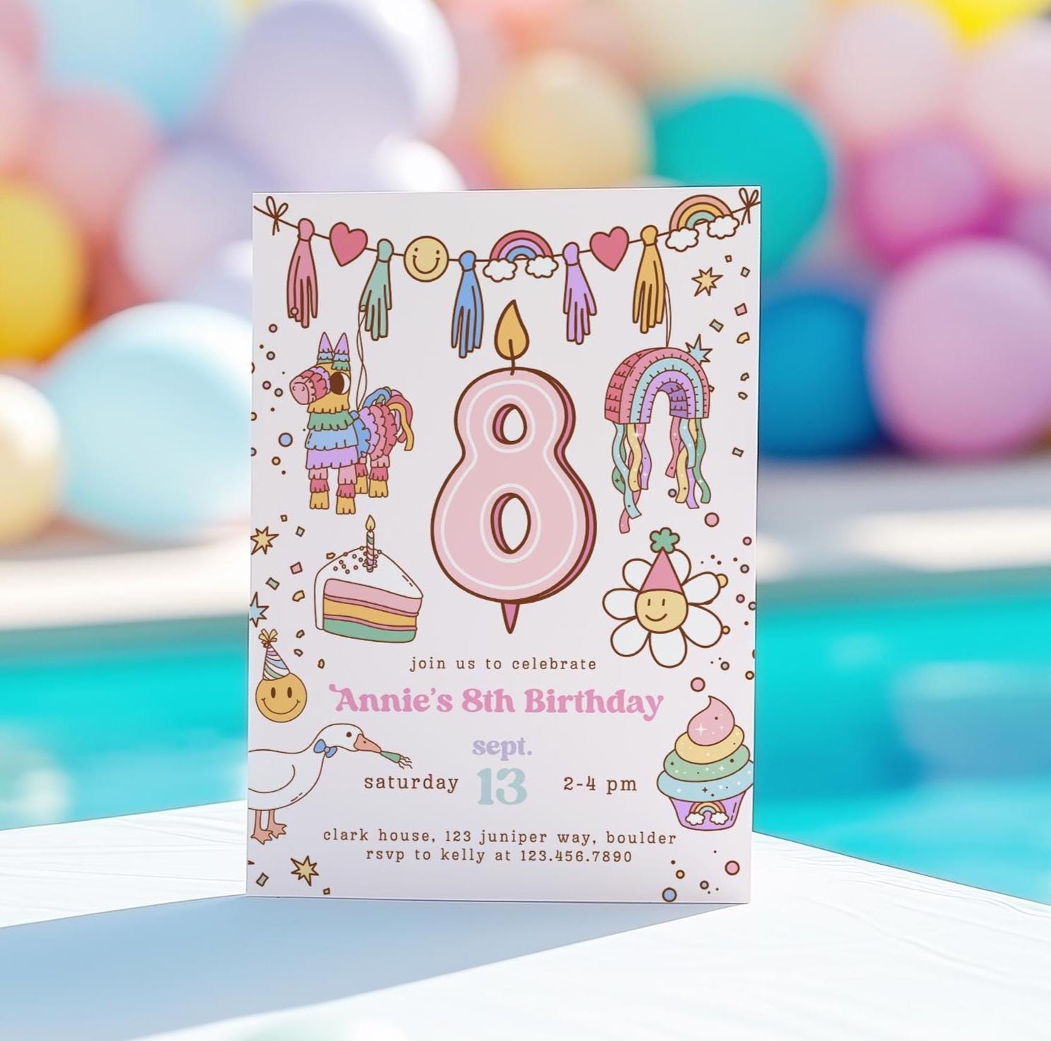 Editable Girl 8th Birthday Invitation, Piñata Colorful Fun Birthday Invite, Tween Birthday Invite, Girl Eighth Birthday Canva 247