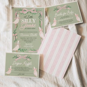 Pink Silly Goose babyshower uitnodiging, konijntjes en ganzen babyshower uitnodigingsset, boeken voor baby kaart gans meisje babyshower CANVA