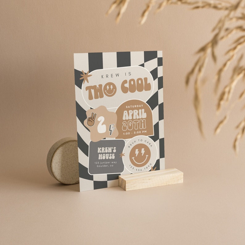 Two Cool Boy Birthday Invitation Boy 2nd Birthday Smile Face Retro Birthday Editable Digital Template INSTANT DOWNLOAD 58 image 5